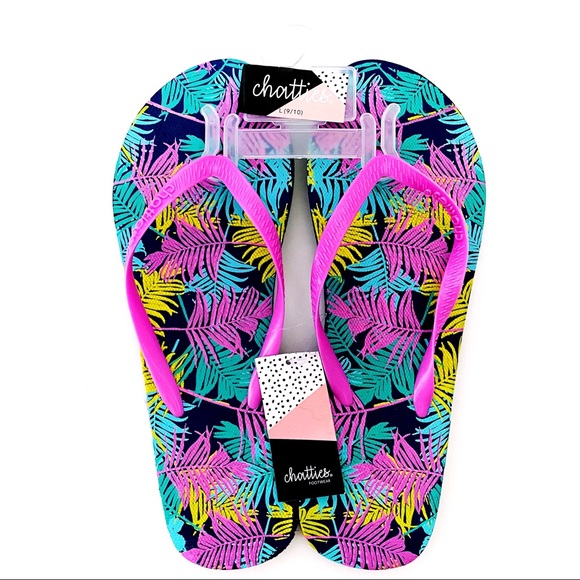 chatties Shoes - Palm Leaf Flip Flops Sandals Neon Navy Blue